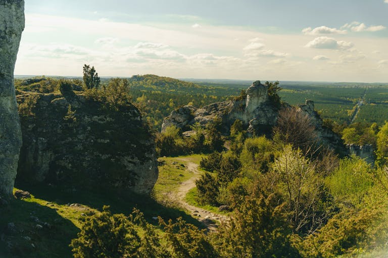 Explore the stunning rock formations and lush greenery of the Jura landscape in Lesser Poland.