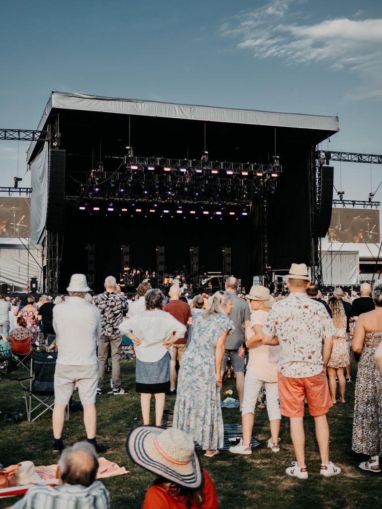 Lively outdoor music festival scene with a diverse crowd enjoying the live performance.